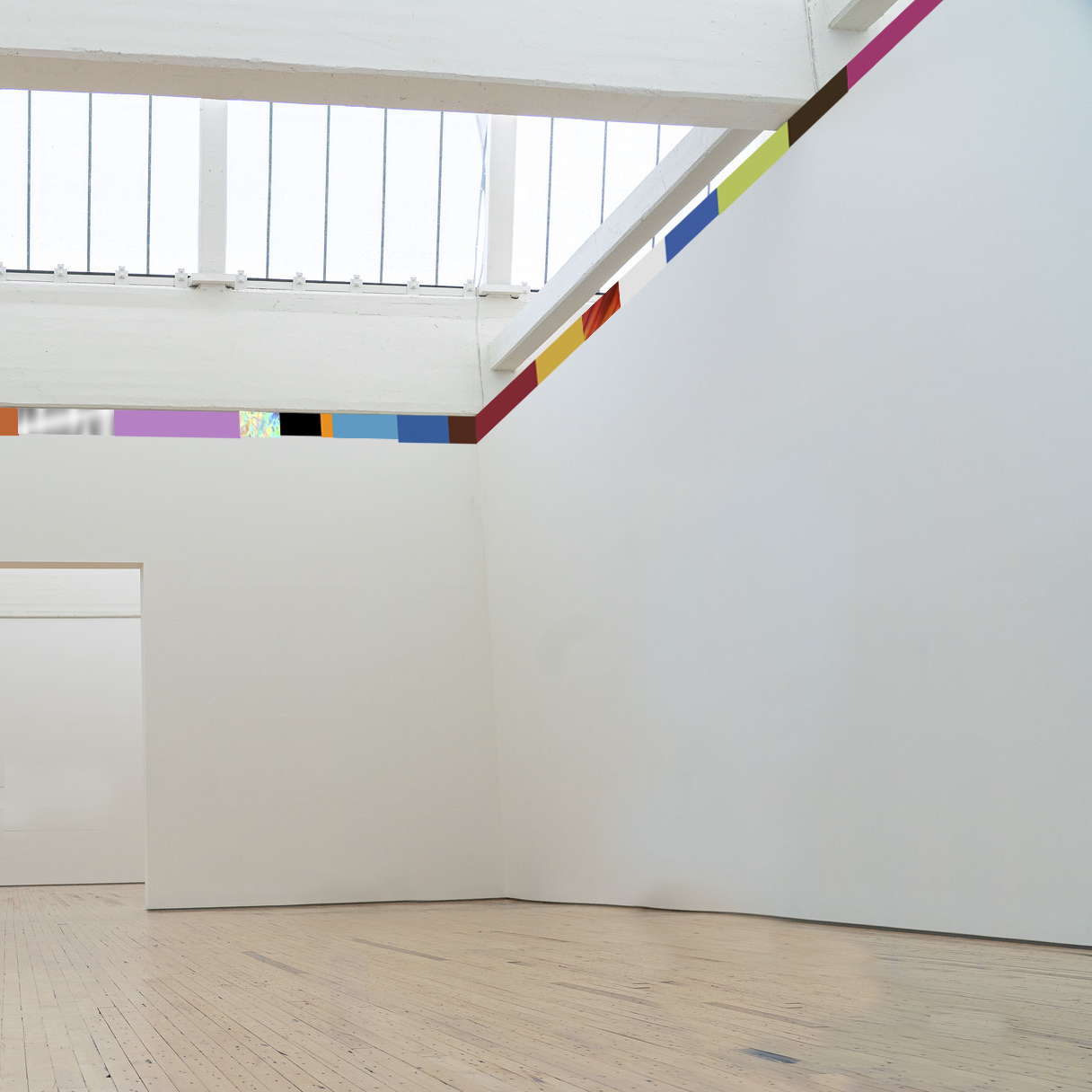 panoramic horizon of bright strips of vinyl of chance operations color and length from the corner across the length of the wall at the top corner where wall becomes ceiling in responding to the architecture by noah travis phillips